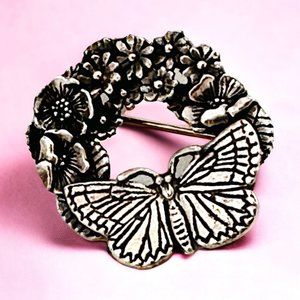 Vintage Silver Scenes Butterfly and Flowers Brooch/Pin - Made in Wales